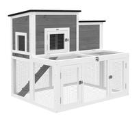 PawHut Conejera exterior de madera Jaula para conejos interior Tejado doble abatible impermeable 2 niveles con recinto Gris
