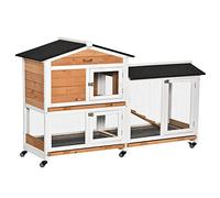 PawHut Conejera Exterior Grande de Madera con 6 Ruedas de 2 Niveles Natural