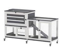 PawHut Conejera Jaula para Conejos de Interior de 2 Niveles con Ruedas, 2 bandejas de Apertura, 3 bandejas de plástico, conejera de Madera para 2 a 3 Conejos, cobayas, 147 x 45 x 89,5 cm, Gris