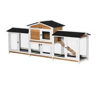 PawHut Conejera para Conejos enanos con Corral Incluido y Rampa, Techo de Asfalto, Madera de Pino, Negro + Blanco + Natural Aosom España