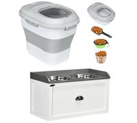 PawHut Conjunto de 1 Comedero Elevado para Perros Grandes con 2 Tazones 2000ml de Acero Inoxidable y 1 Contenedor de Comida para Perros Plegable 25L con Ruedas Taza Medidora Blanco y Gris