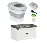 PawHut Conjunto de 1 Comedero Elevado para Perros Grandes con 2 Tazones 2000ml de Acero Inoxidable y 1 Contenedor de Comida para Perros Plegable 25L con Ruedas Taza Medidora Blanco y Gris