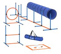 PawHut Conjunto de Entrenamiento de Agilidad 8 Piezas con Túnel Varas de Eslalon Vallas Ajustables Aro de Salto Cuenco Naranja y Azul Aosom España