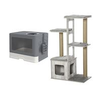 Pawhut conjunto para gatos incluye 1 árbol rascador para gatos 114 cm con múltiples plataformas y 1 arenero para gatos cubierto pala cepillo gris