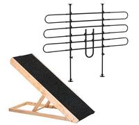 PawHut Conjunto para Mascotas Juego de Separador de Coche para Perros Ajustable y Rampa Plegable para Perros con Altura Ajustable 87-135x85-120 cm 90x40x61 cm Negro y Natural