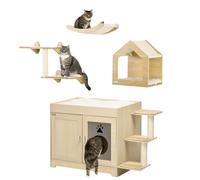 PawHut Conjunto para Mascotas Incluye 1 Arenero para Gatos de Madera con Cama 3 Plataformas y 1 Estante de Escalada para Gatos de Pared de 3 Piezas Roble