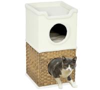 PawHut Cubo rascador de 75,5 cm de alto, 3 pisos, con borde de felpa, cojín, cueva para gatos, árbol rascador para gatos medianos, color crema
