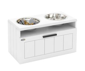 PawHut Cuenca elevada Perros alimentador Lento, cajón Grandes, Blanco | Dos cuencos de acero inoxidable