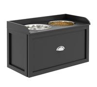 PawHut - Cuenco elevado, para gatos elevados, 2 en 1, cajón y 2 cuencos de 2 litros, acero inoxidable y madera, color negro