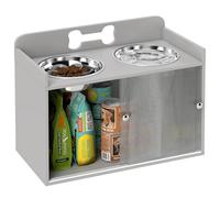 PawHut Cuencos elevados Almacenamiento comedero Lento Razas Grandes Gris | Soporte para cuencos elevados, 2 platos de acero inoxidable, estación de alimentación