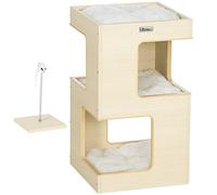 PawHut Cueva Gato 3 Niveles Casa Gato con Cojín 34x34x60 cm Roble