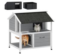 PawHut Cueva Gato Madera Invierno Gris 80x93x95cm | Cueva gato aislada, techo abatible, cojín extraíble, casa gato, para conejos