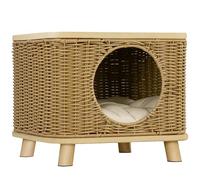 PawHut Elevated Design - Casa de mimbre para gatos con cojín lavable, color marrón claro