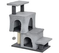 PawHut Escalera para Gatos 4 Peldaños Ajustable con 2 Casitas y Poste Rascador, Gris Aosom España