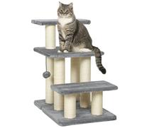 PawHut Escalera para Gatos de 3 Peldaños, Escalera para Mascotas, Estructura Ajustable, con Postes Rascadores, Bola Colgante, Carga 10 kg, para Cama, Sofá, 52x34,5x54 cm, Gris