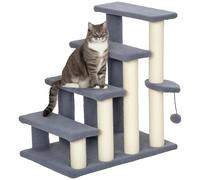 PawHut Escalera para Gatos de 4 Niveles, Escalera para Mascotas, Cubierto de Suave Felpa, Poste de Yute, Bola Colgante, Árbol Rascador para Gatos, 60x40x64 cm, Gris