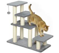 PawHut Escalera para Mascotas Ajustable de 3/4 Peldaños para Gatos Gris | con Postes Rascadores y Bola Colgante, para Alféizares, Sofá y Cama
