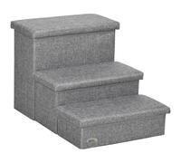 PawHut Escalera para Mascotas para Perros Gatos 63,5x42,5x40,5 cm Gris | 3 Peldaños, Escalones, con Tapas Abribles, Espacio de Almacenamiento