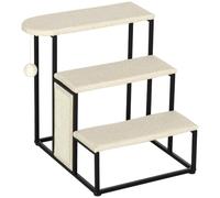 PawHut Escalera para Perros de 3 Niveles y Gatos 47x45x47 cm Crema y Negro | Escalera para Mascotas con 3 Escalones, Bola Colgante, Tablero de Rascar, Marco de Acero