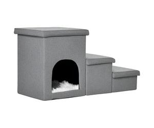 PawHut Escalera para Perros Escalera Rampa para Mascotas de 3 Peldaños con Tapas 3 Cajas de Almacenamiento Cueva y Cojín Lavable para Cama Sofá 73,5x33x40,5 cm Gris