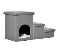 PawHut Escalera para Perros Escalera Rampa para Mascotas de 3 Peldaños Cubiertos Lino con Tapas 3 Cajas de Almacenamiento Cueva y Cojín Lavable para Cama Sofá 73,5x33x40,5 cm Gris