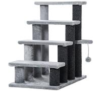 PawHut Escaleras para Gatos de 4 Escalones Escaleras para Mascotas Árbol Rascador para Gatos Pequeño con Poste Rascador Bola Colgante 60x40x64 cm Gris