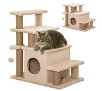 PawHut Escaleras Perro 4 escalones con casa Gato sofá Beige | Funda desmontable, rascador de yute, escalera para gatos, bolas colgantes