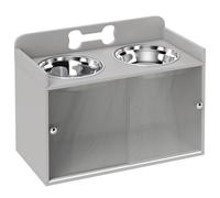 PawHut Estación de alimentación elevada con 2 cuencos y armario, MDF, acero inoxidable, motivo de hueso, gris