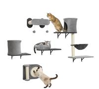 PawHut Estantería mural para gatos, 5 piezas, juego de muebles, árbol mural para gatos, con 2 nichos, hamaca, plataformas, rascadores de sisal para gatitos de interior de hasta 5 kg, gris