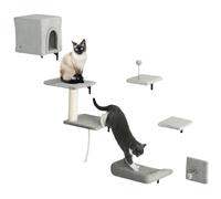PawHut Estantes de pared para gatos, juego de 6 muebles de pared para gatos con condominio, plataformas, poste rascador de sisal, cama y pelota de juguete, para escalar, dormir, jugar, gris