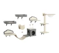 PawHut Estantes murales para gatos conjunto de muebles mural 6 piezas hamaca con cúpula acrílica caseta hamaca escalera beige