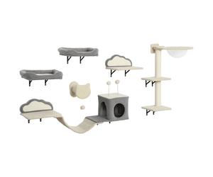 PawHut Estantes murales para gatos conjunto de muebles mural 6 piezas hamaca con cúpula acrílica caseta hamaca escalera beige Aosom España
