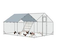PawHut Gallinero con recinto 3x4x2m para 12-18 gallinas Plata | Recinto acero galvanizado, techo UV, puerta alimentación, comedero colgante, percha, animales pequeños