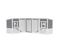 PawHut Gallinero de Madera Grande Exterior, Jaula para Gallinas en L para Esquina, con 2 Nidos, Corral, Bandejas Extraíbles, Techo de Pet y Rampas, Casa Elevada para Conejos, 251x192x103 cm, Gris