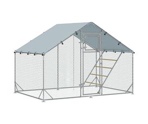 PawHut Gallinero Metálico de Exterior de 3x2m con Percha Multiusos Comedero Colgante Tipo Brocheta y Lona Protectora Resistente