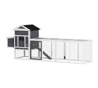 Pawhut gallinero para exterior grande de madera, 297,5x68x118 cm para 3-6 gallinas, gallinero con nido, corral, bandeja extraíble, techo asfáltico, rampa, puerta con cerradura, conejera, gris y blanco