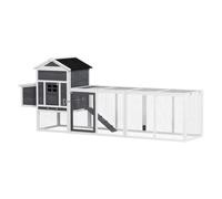 Pawhut gallinero para exterior grande de madera, 297,5x68x118 cm para 3-6 gallinas, gallinero con nido, corral, bandeja extraíble, techo asfáltico, rampa, puerta con cerradura, conejera, gris y blanco