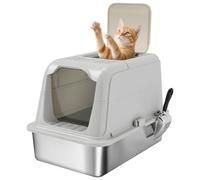 PawHut Gatos de acero inoxidable para gatos de hasta 8 kg, 60,4 x 40,4 x | Inodoro para gatos con tapa, pala, bolsa desodorante, doble categoría