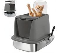 PawHut Inodoro para gatos de acero inoxidable con tapa, gran campana con tapa abatible, pala de metal, bolsa desodorante, resistente a los olores y fácil de limpiar, color gris oscuro