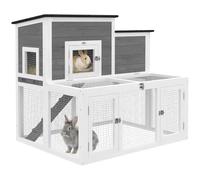 PawHut Jaula de conejo de madera con techo abrible 97x75,5x90cm Gris | Jaula para conejos interior/exterior, techo impermeable, bandeja extraíble, rampa, jaula para cobaya, para 1-2 conejos