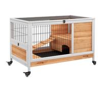 PawHut Jaula de Conejos Conejera para Mascotas Pequeñas con Techo Abrible y Bandeja Extraíble 90x53x59 cm Natural