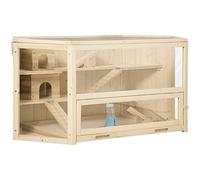 PawHut Jaula de Madera para Hámster 115x60x55 cm Casa para Roedores con 3 Niveles Techo Abatible Bandeja Extraíble Bebedero y 3 Rampas Natural