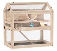 PawHut Jaula de madera para hámster 76x45,5x77 cm jaula para roedores y pequeños animales con bandeja extraíble panel acrílico ruedas Aosom España