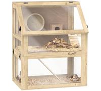 PawHut Jaula de madera para hámster, jaula de jerbo de 3 niveles con fondo desmontable de 32 cm de profundidad, cabaña, balancín, rueda de ejercicio, rampas, 60 x 40 x 75 cm, acabado de madera natural