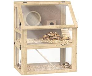 PawHut Jaula de madera para hámster, jaula de jerbo de 3 niveles con fondo desmontable de 32 cm de profundidad, cabaña, balancín, rueda de ejercicio, rampas, acabado de madera natural