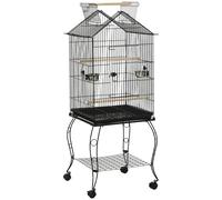 PawHut Jaula para Pájaros 50x58x145 cm Pajarera Metálica con 3 Puertas 2 Comederos 3 Perchas Bandeja Extraíble Estante Abierto y 4 Ruedas para Canarios Periquitos Negro