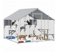 PawHut Jaula Grande para Gatos Exterior con 2 Casitas 240x193x195 cm Plata | Recinto para Gatos, 5 Plataformas para Saltar, Cubierta Impermeable y Anti-UV, Parque para 5 Gatitos, Conejos