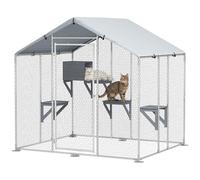 PawHut Jaula Grande para Gatos Exterior, Recinto para Gatos con 1 Casita, 3 Plataformas para Saltar, Cubierta Impermeable y Anti-UV, Parque para 5 Gatitos, Conejos, 200x170x195 cm, Plata