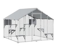 PawHut Jaula Grande para Gatos Exterior, Recinto para Gatos con 2 Casitas, 7 Plataformas para Saltar, Cubierta Impermeable y Anti-UV, Parque para 5 Gatitos, Conejos, 240x193x195 cm, Plata