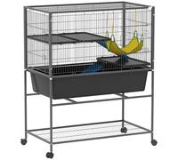 PawHut Jaula Grande para Hurones de 3 Niveles Jaula para Conejos con Ruedas Rampas Hamaca y Bandeja Extraíble Jaula para Animales Pequeños Roedores Chinchillas 88x48x102 cm Gris Oscuro